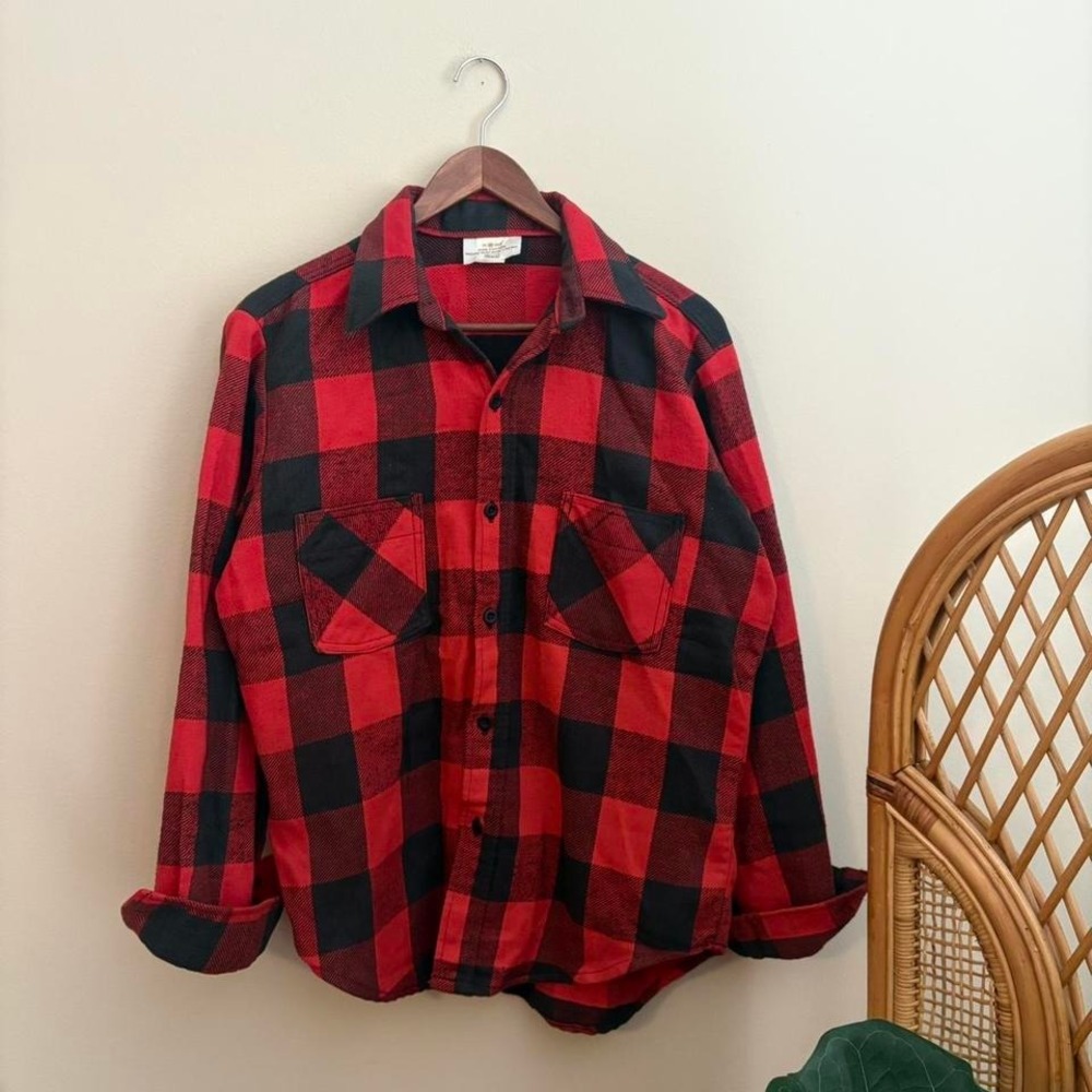 Vintage 1960's 1970's Sears Montgomery Ward Era Buffalo Plaid Button Up Shirt M